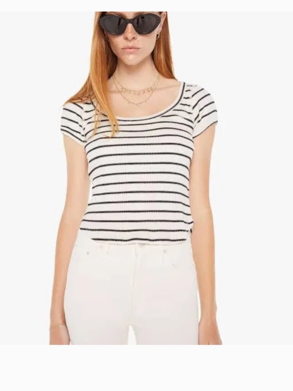 Mother The Bitty Bitty Scoop Tee Black White Stripe Ribbed T-Shirt Size M